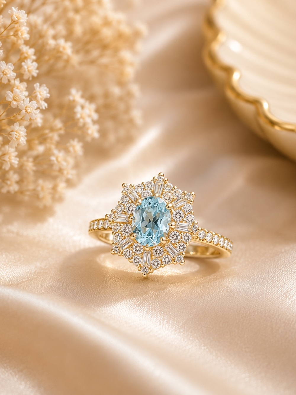 18K Gold Filled Moissanite Halo Aquamarine Ring - Elegant Women Jewelry. Size 8